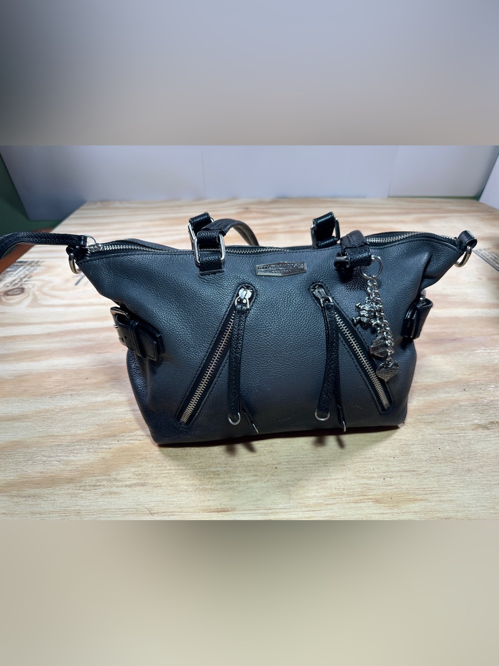 Vintage Harley Davidson Black Pebbled Leather Zip Satchel | Skull & Heart Charms